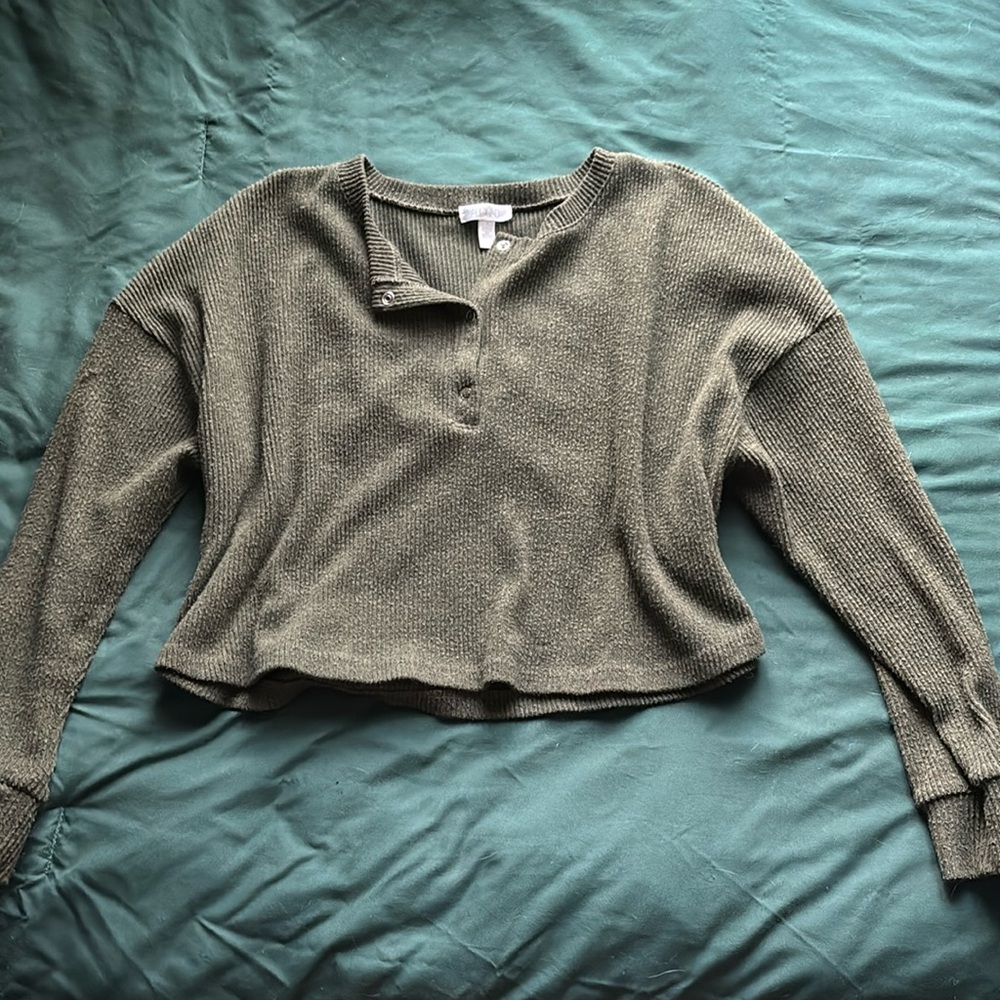 Forest Green Cropped Henley Sweater